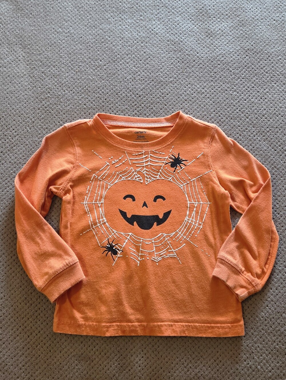 Carter's 24 months Long Sleeve Orange Halloween shirt Pumpkin w/ spider web & sp